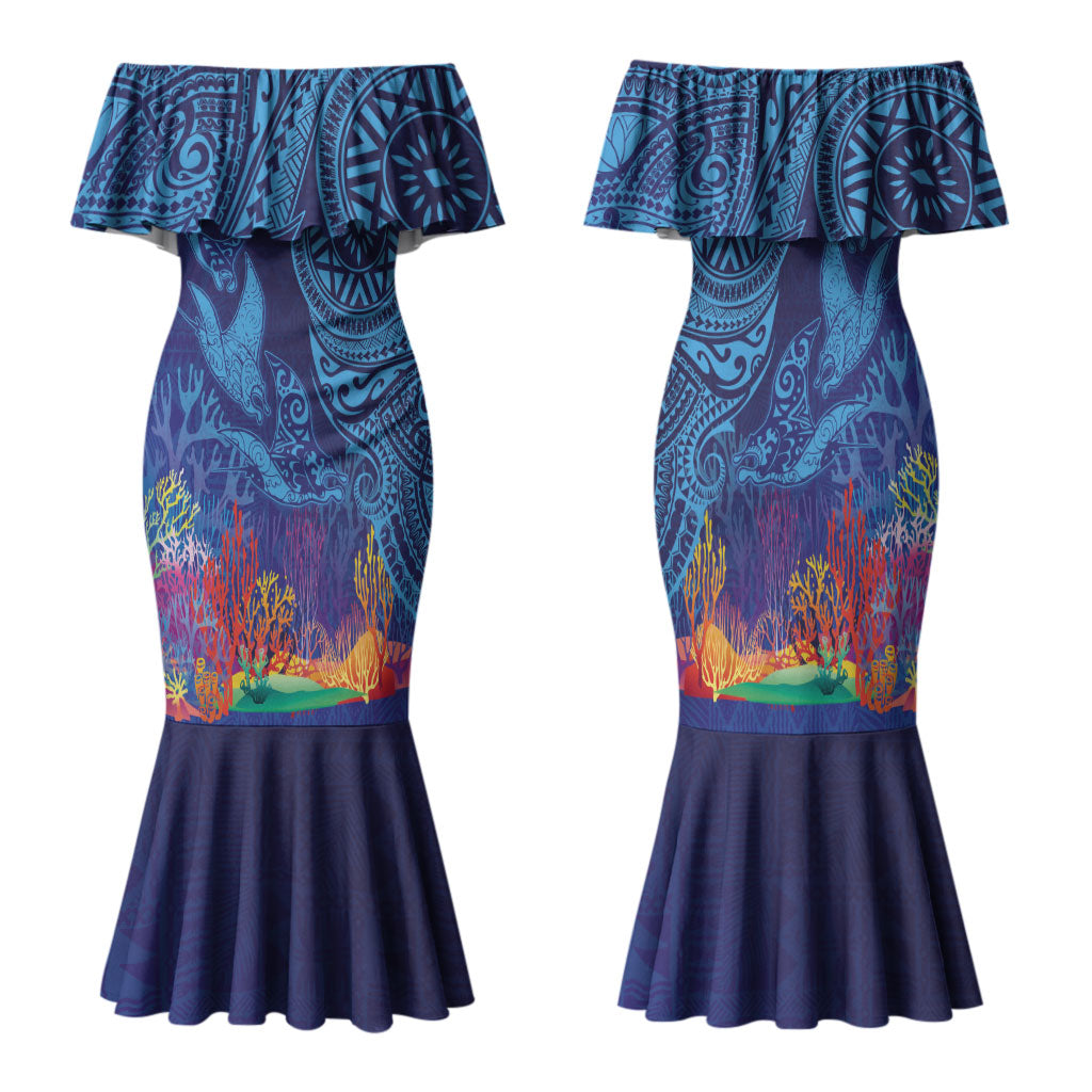 Fijian Tribal Manta Ray Family Matching Mermaid Dress and Hawaiian Shirt Masi Motif with Coral Reef Ocean Vibe