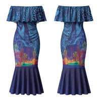 Fijian Tribal Manta Ray Family Matching Mermaid Dress and Hawaiian Shirt Masi Motif with Coral Reef Ocean Vibe