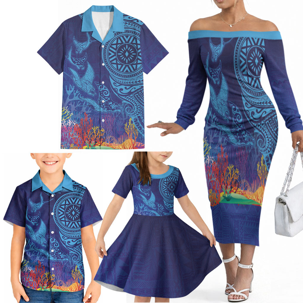 Fijian Tribal Manta Ray Family Matching Off The Shoulder Long Sleeve Dress and Hawaiian Shirt Masi Motif with Coral Reef Ocean Vibe