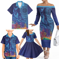 Fijian Tribal Manta Ray Family Matching Off The Shoulder Long Sleeve Dress and Hawaiian Shirt Masi Motif with Coral Reef Ocean Vibe