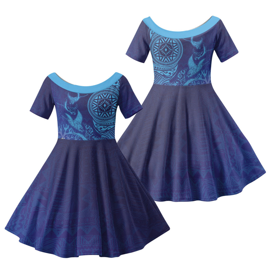 Fijian Tribal Manta Ray Family Matching Off The Shoulder Long Sleeve Dress and Hawaiian Shirt Masi Motif with Coral Reef Ocean Vibe