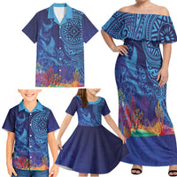 Fijian Tribal Manta Ray Family Matching Off Shoulder Maxi Dress and Hawaiian Shirt Masi Motif with Coral Reef Ocean Vibe