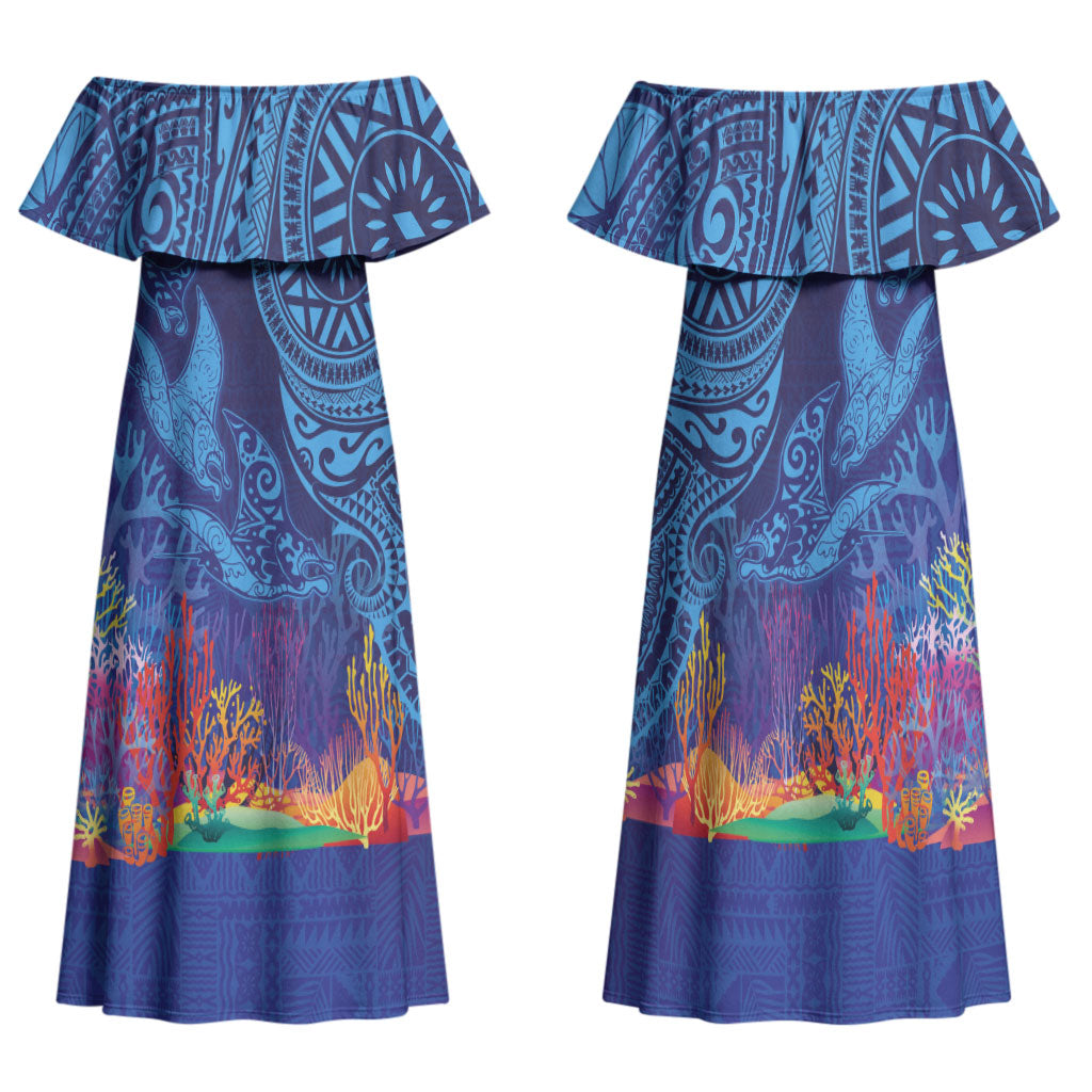 Fijian Tribal Manta Ray Family Matching Off Shoulder Maxi Dress and Hawaiian Shirt Masi Motif with Coral Reef Ocean Vibe
