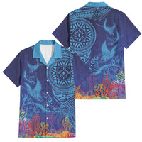 Fijian Tribal Manta Ray Family Matching Off Shoulder Maxi Dress and Hawaiian Shirt Masi Motif with Coral Reef Ocean Vibe