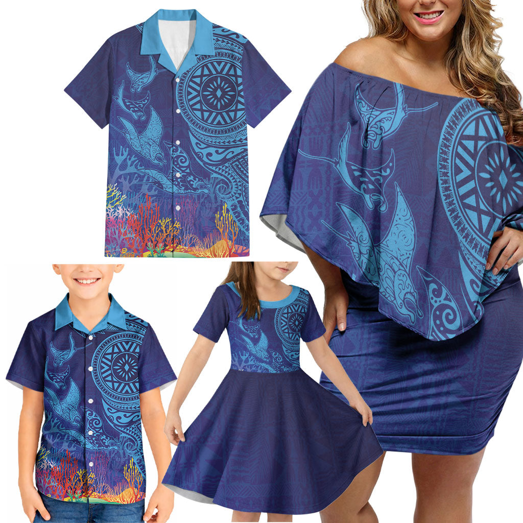 Fijian Tribal Manta Ray Family Matching Off Shoulder Short Dress and Hawaiian Shirt Masi Motif with Coral Reef Ocean Vibe