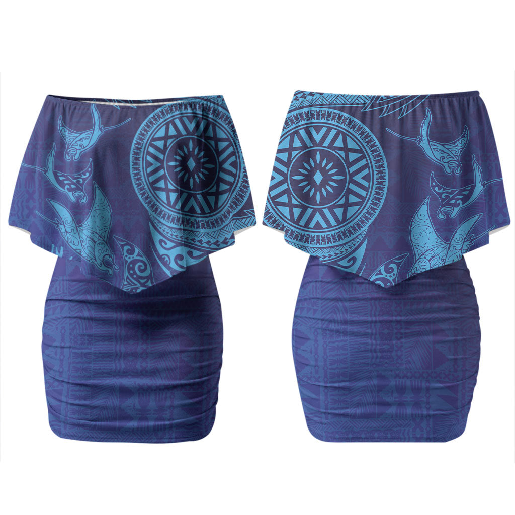 Fijian Tribal Manta Ray Family Matching Off Shoulder Short Dress and Hawaiian Shirt Masi Motif with Coral Reef Ocean Vibe