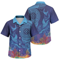 Fijian Tribal Manta Ray Family Matching Off Shoulder Short Dress and Hawaiian Shirt Masi Motif with Coral Reef Ocean Vibe