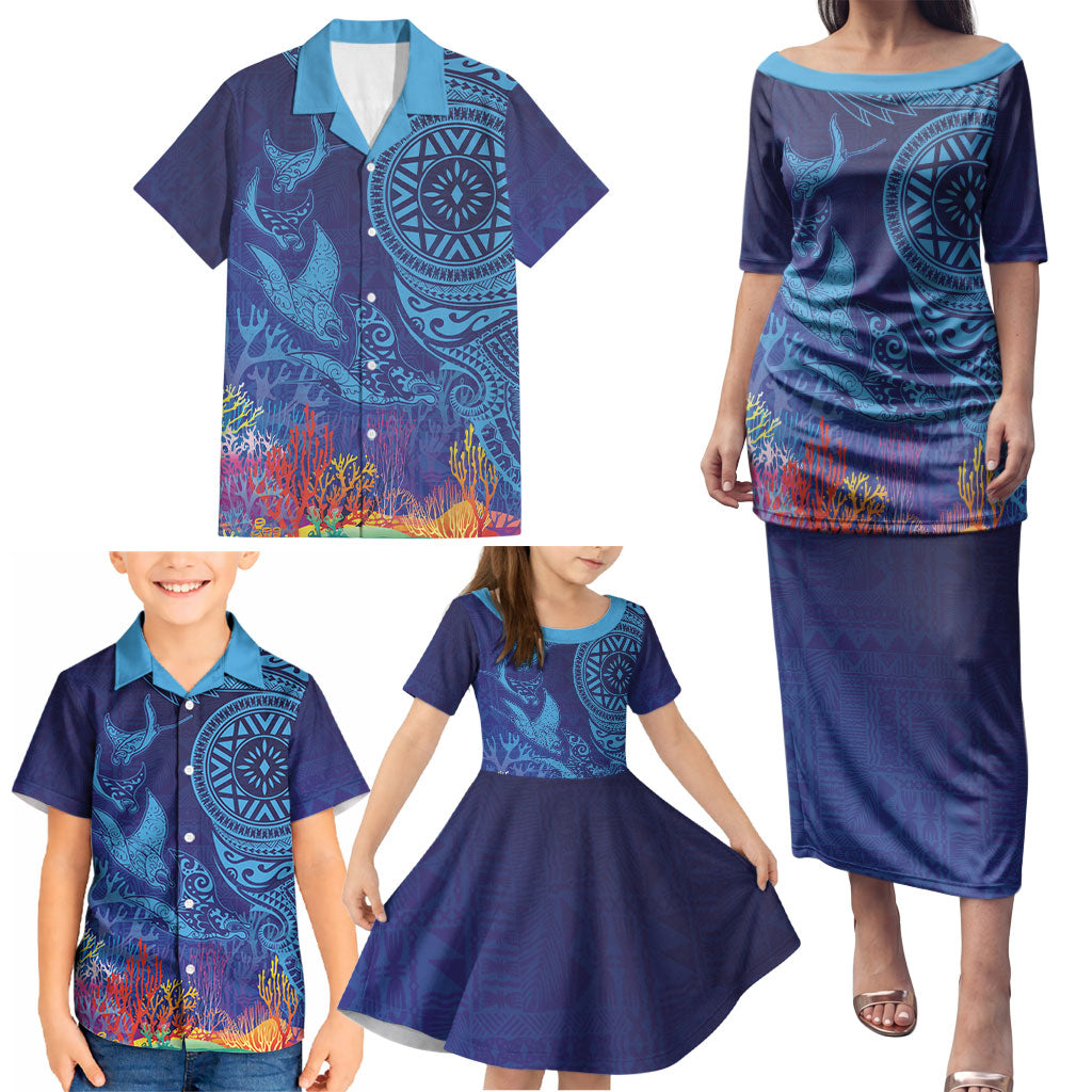 Fijian Tribal Manta Ray Family Matching Puletasi and Hawaiian Shirt Masi Motif with Coral Reef Ocean Vibe