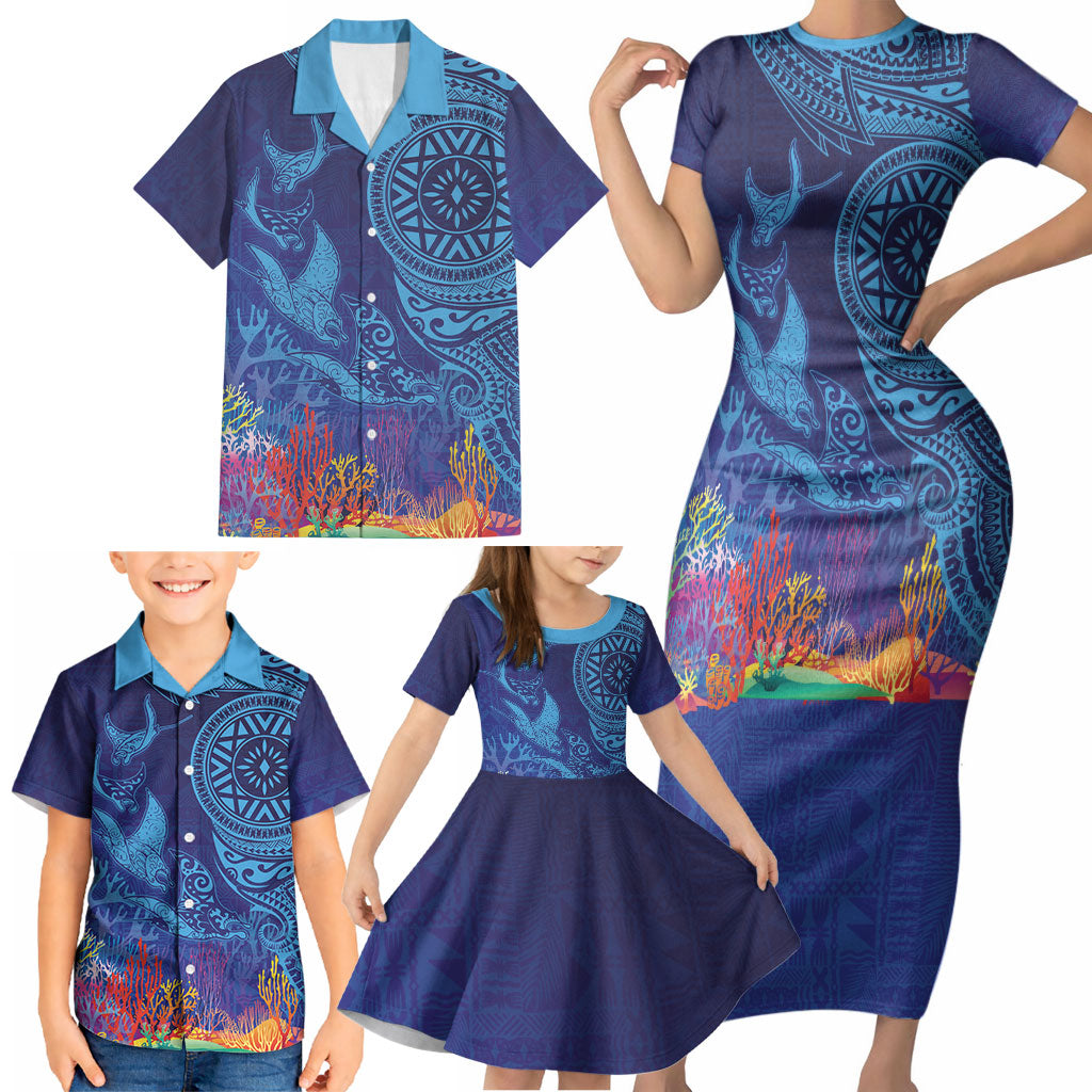 Fijian Tribal Manta Ray Family Matching Short Sleeve Bodycon Dress and Hawaiian Shirt Masi Motif with Coral Reef Ocean Vibe