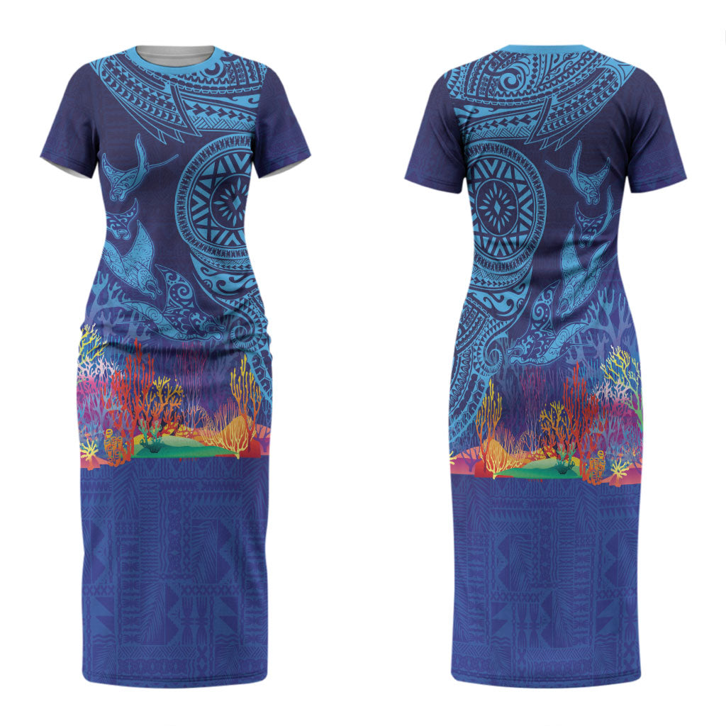 Fijian Tribal Manta Ray Family Matching Short Sleeve Bodycon Dress and Hawaiian Shirt Masi Motif with Coral Reef Ocean Vibe