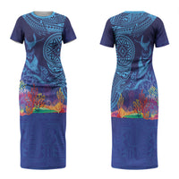 Fijian Tribal Manta Ray Family Matching Short Sleeve Bodycon Dress and Hawaiian Shirt Masi Motif with Coral Reef Ocean Vibe