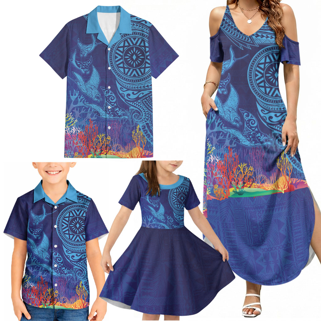 Fijian Tribal Manta Ray Family Matching Summer Maxi Dress and Hawaiian Shirt Masi Motif with Coral Reef Ocean Vibe