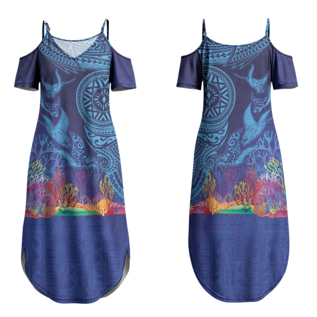 Fijian Tribal Manta Ray Family Matching Summer Maxi Dress and Hawaiian Shirt Masi Motif with Coral Reef Ocean Vibe