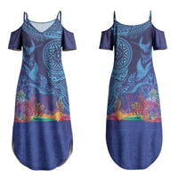 Fijian Tribal Manta Ray Family Matching Summer Maxi Dress and Hawaiian Shirt Masi Motif with Coral Reef Ocean Vibe