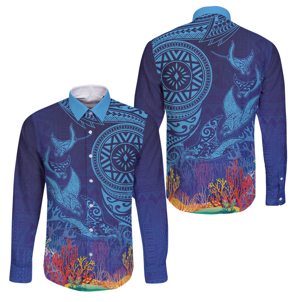 Fijian Tribal Manta Ray Family Matching Summer Maxi Dress and Hawaiian Shirt Masi Motif with Coral Reef Ocean Vibe