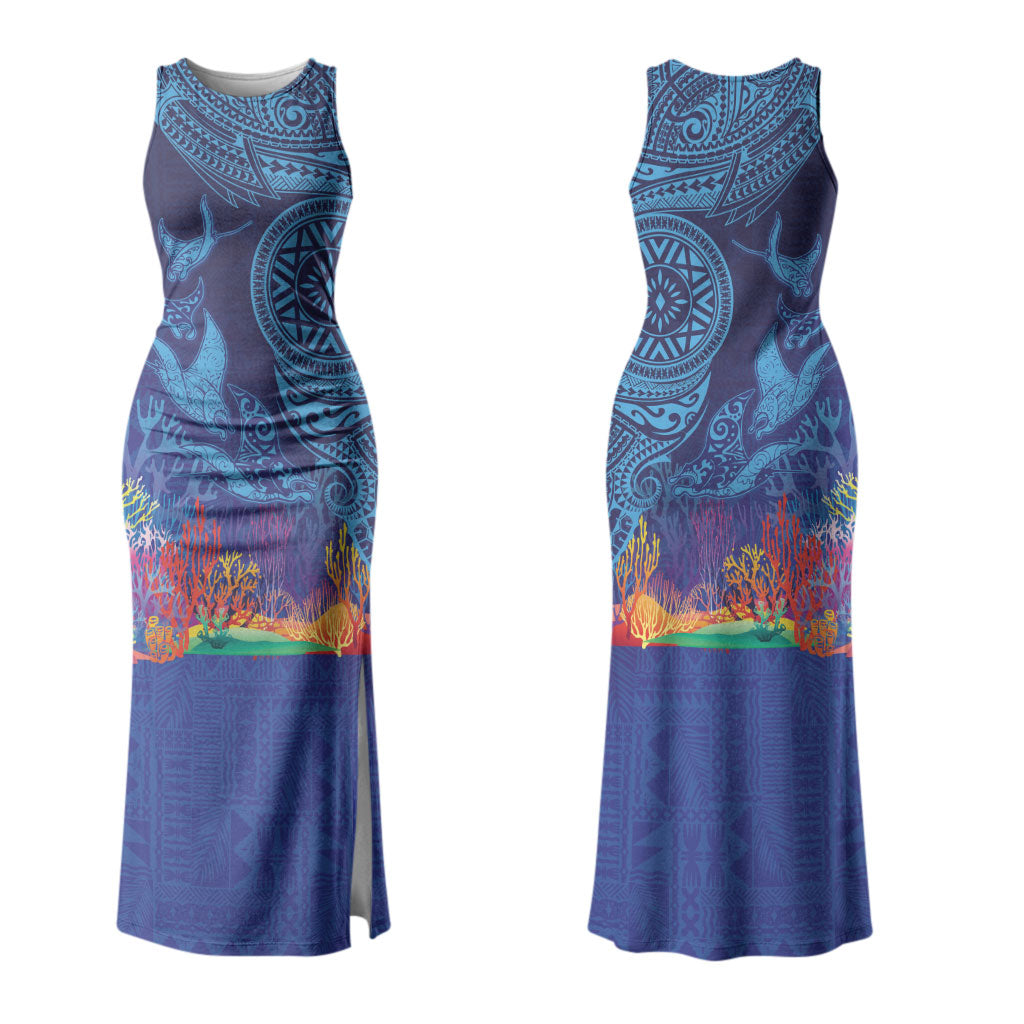 Fijian Tribal Manta Ray Family Matching Tank Maxi Dress and Hawaiian Shirt Masi Motif with Coral Reef Ocean Vibe