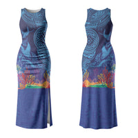 Fijian Tribal Manta Ray Family Matching Tank Maxi Dress and Hawaiian Shirt Masi Motif with Coral Reef Ocean Vibe