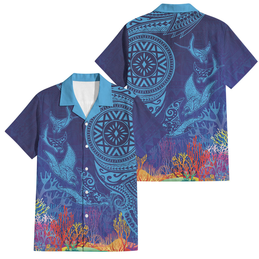 Fijian Tribal Manta Ray Family Matching Tank Maxi Dress and Hawaiian Shirt Masi Motif with Coral Reef Ocean Vibe