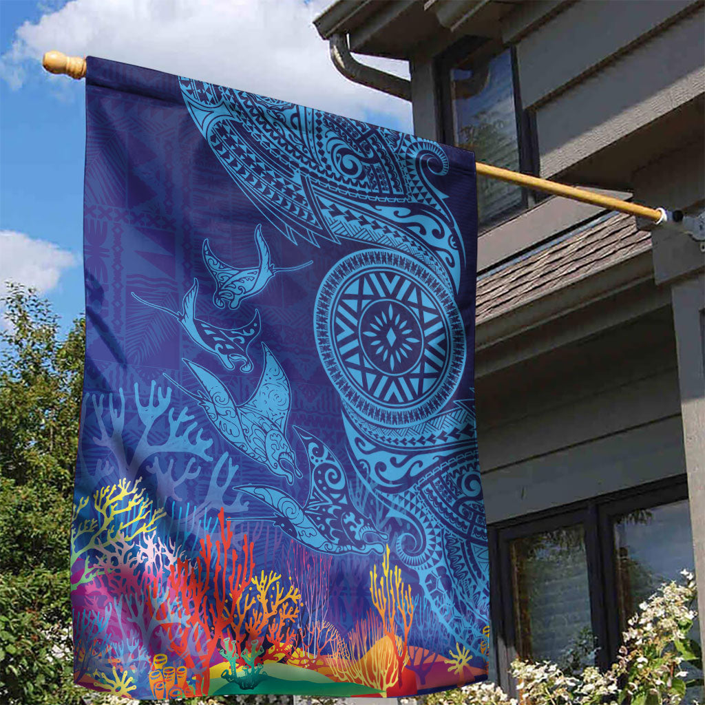 Fijian Tribal Manta Ray Garden Flag Masi Motif with Coral Reef Ocean Vibe