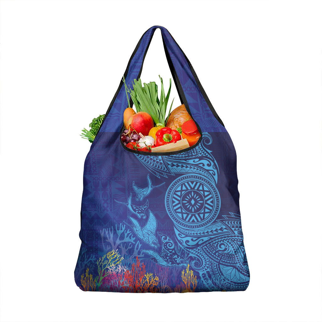 Fijian Tribal Manta Ray Grocery Bag Masi Motif with Coral Reef Ocean Vibe