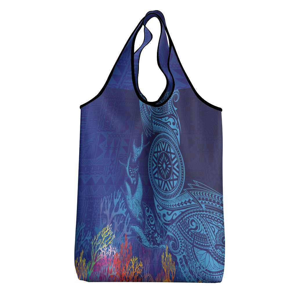 Fijian Tribal Manta Ray Grocery Bag Masi Motif with Coral Reef Ocean Vibe