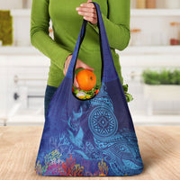 Fijian Tribal Manta Ray Grocery Bag Masi Motif with Coral Reef Ocean Vibe