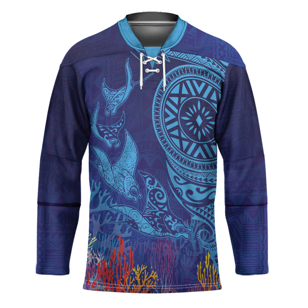 Fijian Tribal Manta Ray Hockey Jersey Masi Motif with Coral Reef Ocean Vibe
