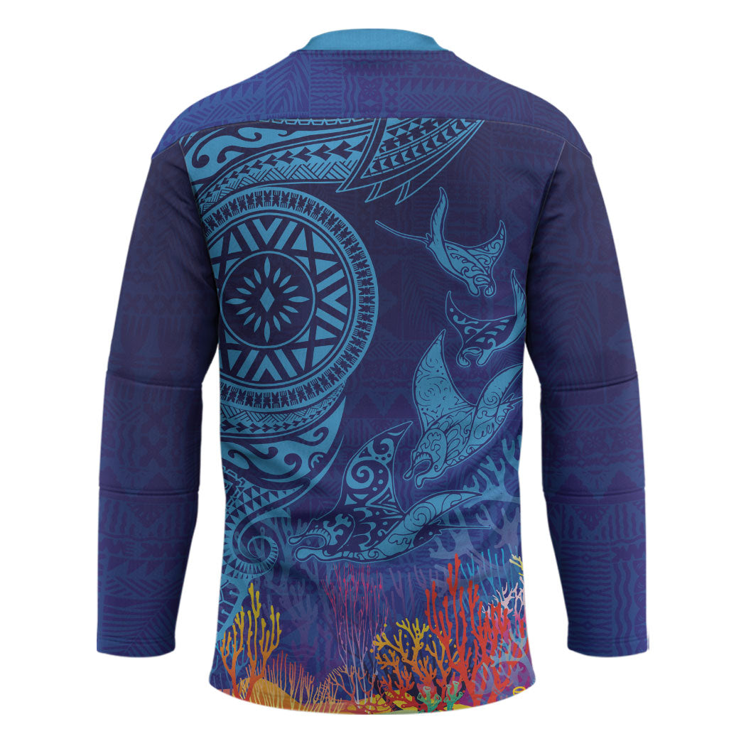 Fijian Tribal Manta Ray Hockey Jersey Masi Motif with Coral Reef Ocean Vibe