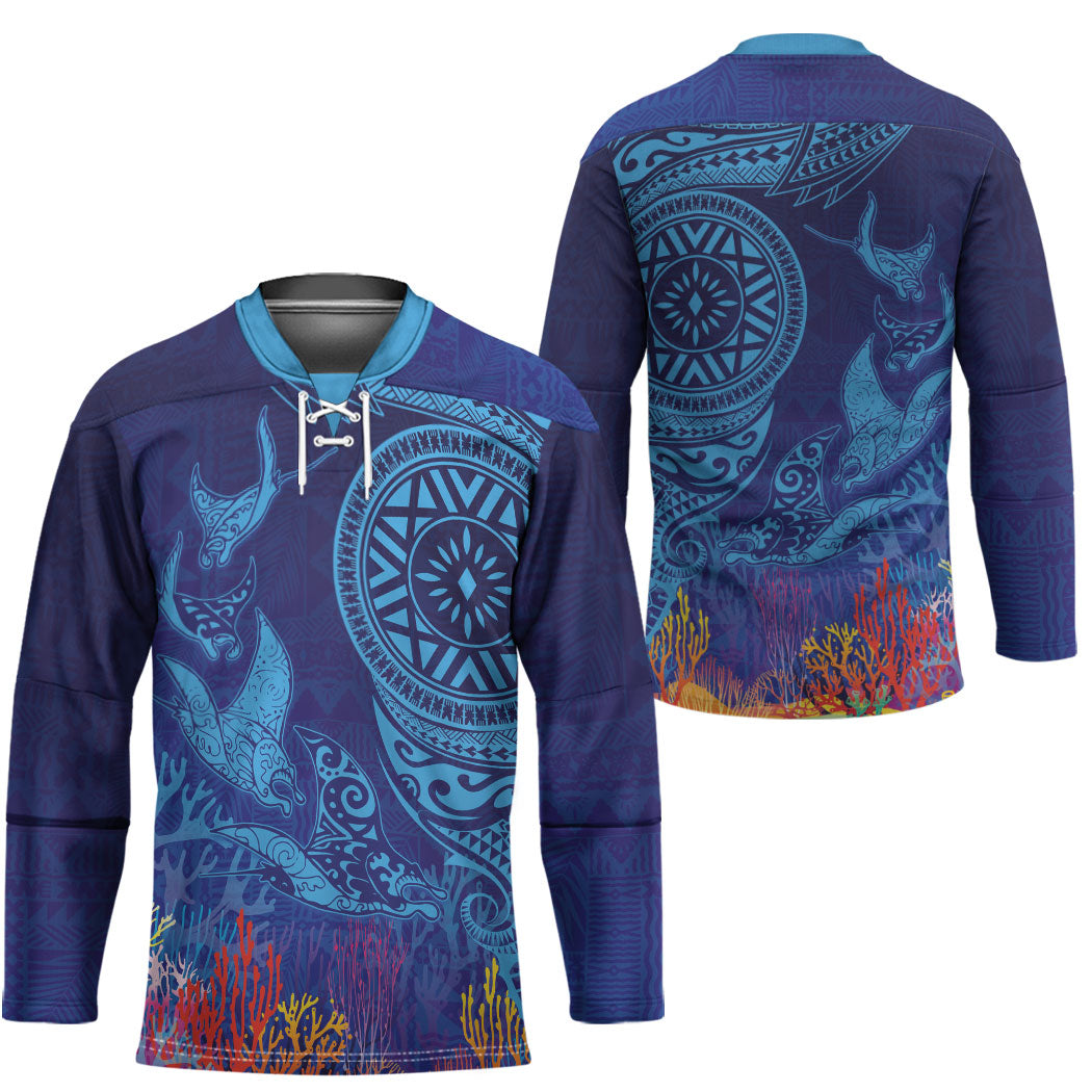 Fijian Tribal Manta Ray Hockey Jersey Masi Motif with Coral Reef Ocean Vibe