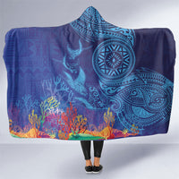 Fijian Tribal Manta Ray Hooded Blanket Masi Motif with Coral Reef Ocean Vibe