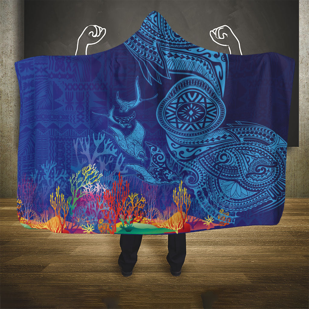 Fijian Tribal Manta Ray Hooded Blanket Masi Motif with Coral Reef Ocean Vibe