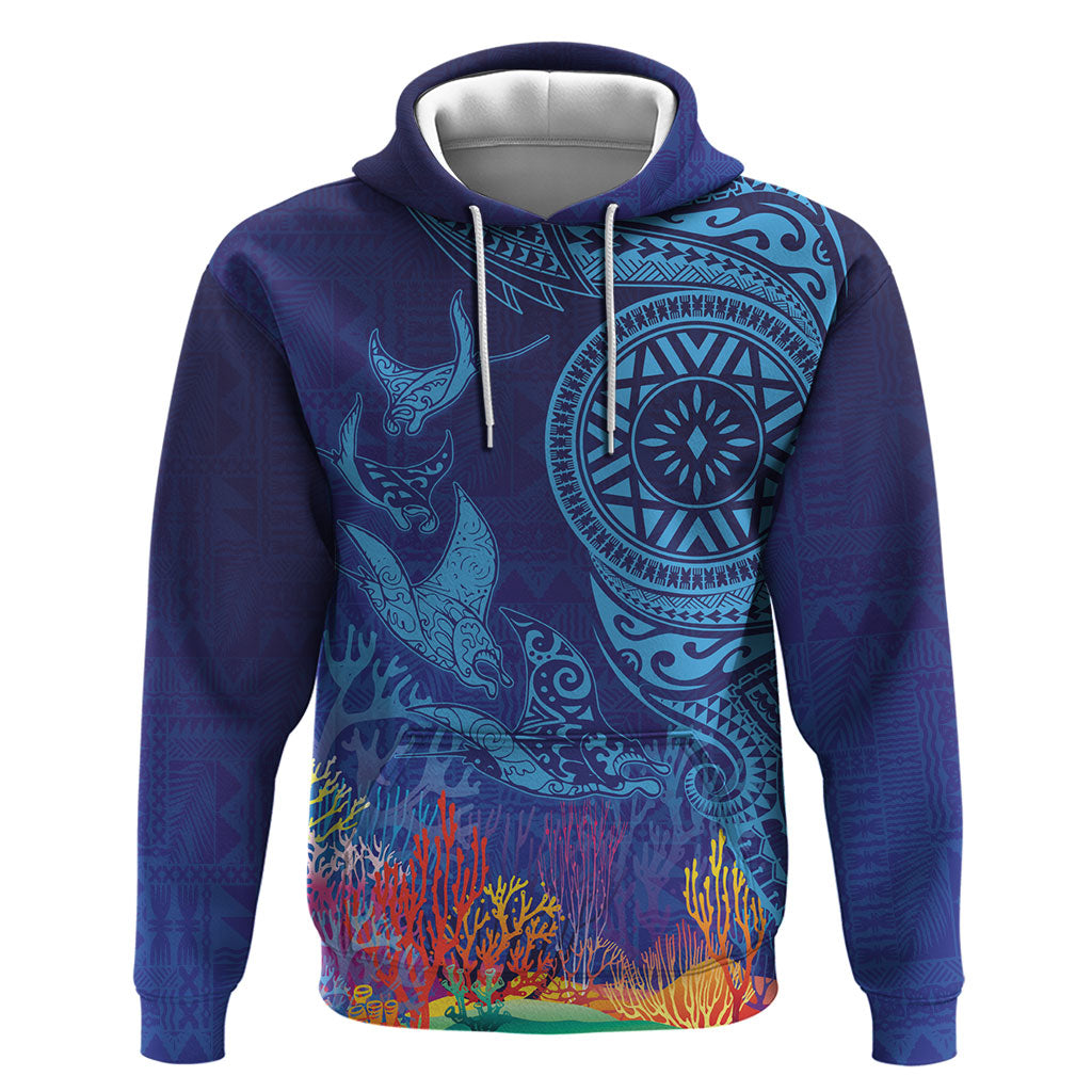 Fijian Tribal Manta Ray Hoodie Masi Motif with Coral Reef Ocean Vibe