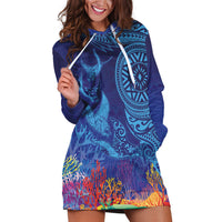 Fijian Tribal Manta Ray Hoodie Dress Masi Motif with Coral Reef Ocean Vibe