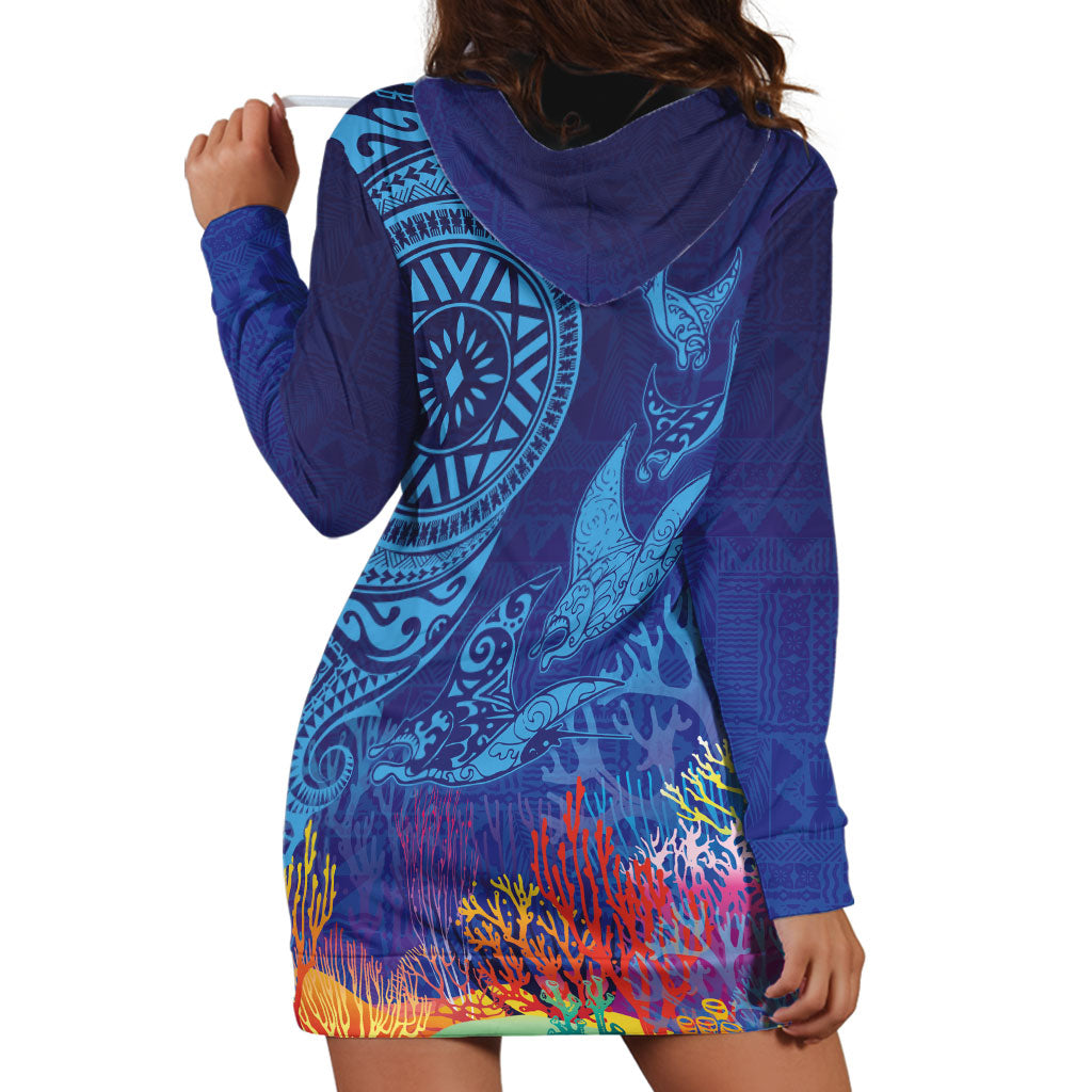 Fijian Tribal Manta Ray Hoodie Dress Masi Motif with Coral Reef Ocean Vibe
