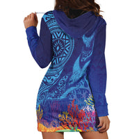 Fijian Tribal Manta Ray Hoodie Dress Masi Motif with Coral Reef Ocean Vibe