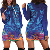 Fijian Tribal Manta Ray Hoodie Dress Masi Motif with Coral Reef Ocean Vibe