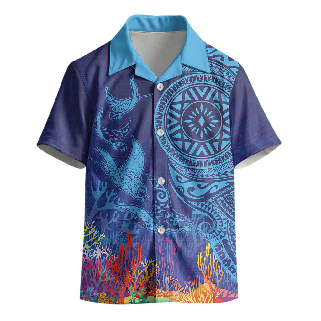 Fijian Tribal Manta Ray Kid Hawaiian Shirt Masi Motif with Coral Reef Ocean Vibe