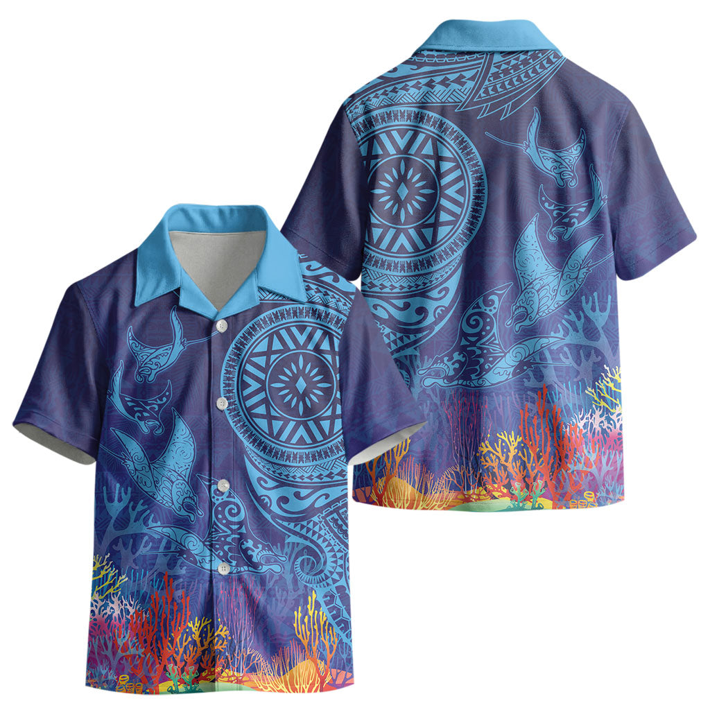 Fijian Tribal Manta Ray Kid Hawaiian Shirt Masi Motif with Coral Reef Ocean Vibe