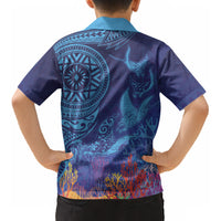 Fijian Tribal Manta Ray Kid Hawaiian Shirt Masi Motif with Coral Reef Ocean Vibe