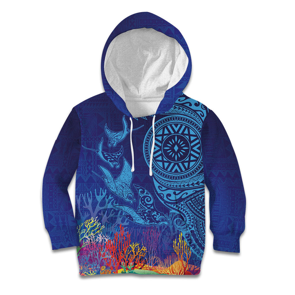 Fijian Tribal Manta Ray Kid Hoodie Masi Motif with Coral Reef Ocean Vibe