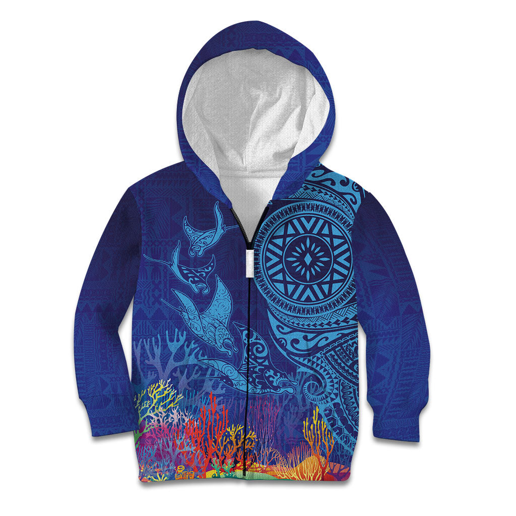 Fijian Tribal Manta Ray Kid Hoodie Masi Motif with Coral Reef Ocean Vibe