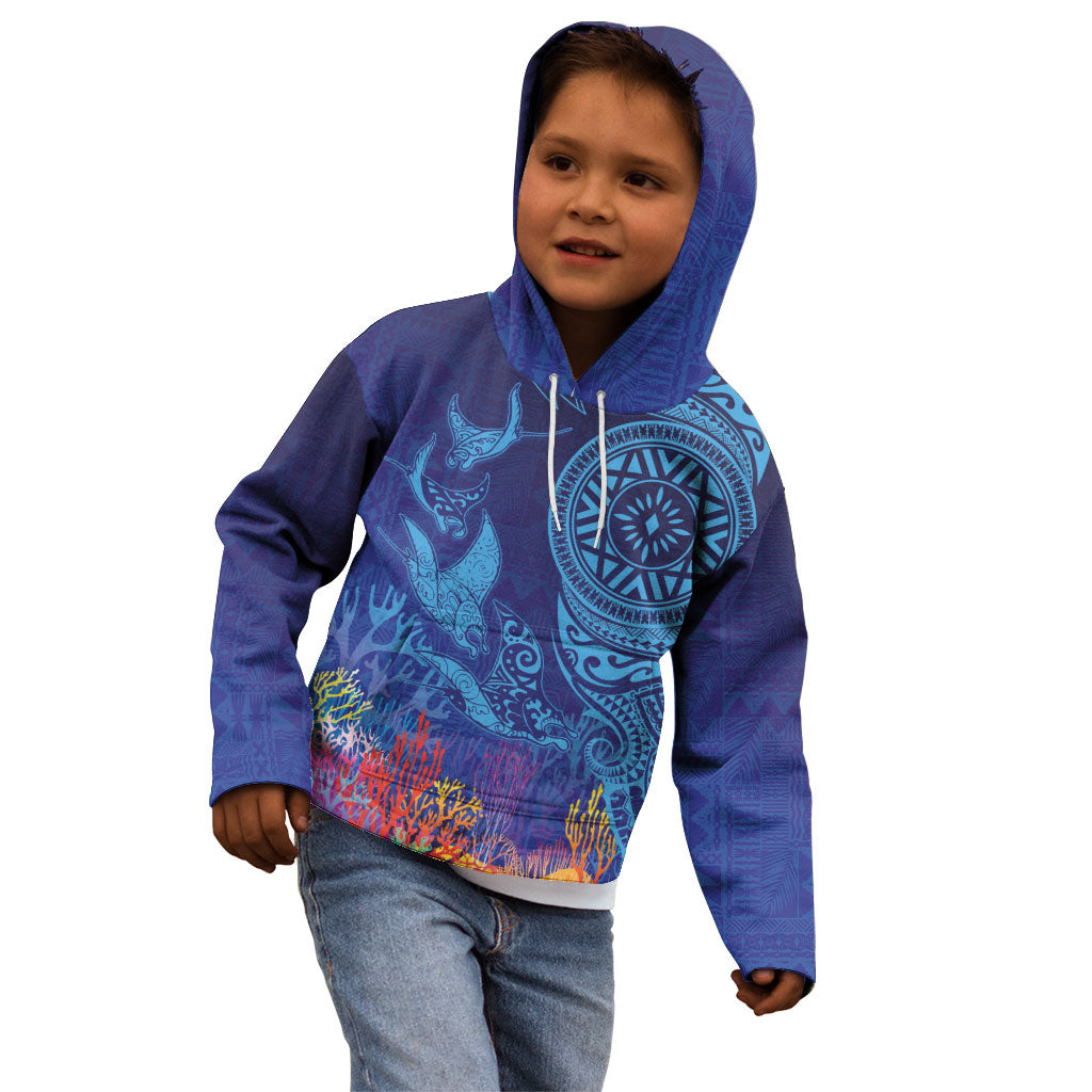 Fijian Tribal Manta Ray Kid Hoodie Masi Motif with Coral Reef Ocean Vibe