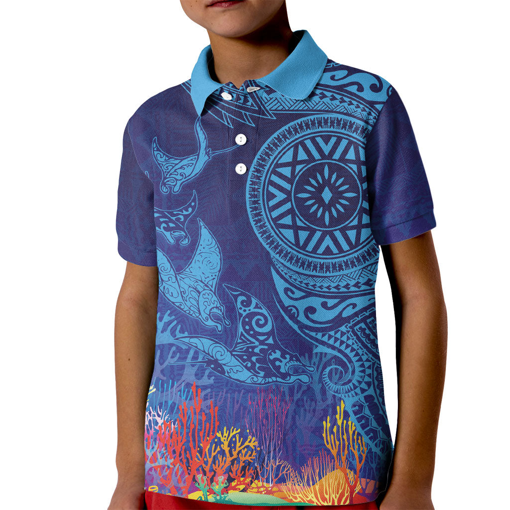 Fijian Tribal Manta Ray Kid Polo Shirt Masi Motif with Coral Reef Ocean Vibe