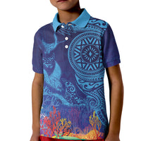 Fijian Tribal Manta Ray Kid Polo Shirt Masi Motif with Coral Reef Ocean Vibe
