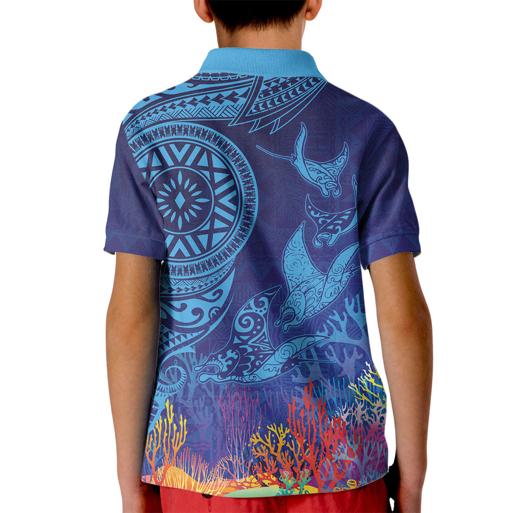 Fijian Tribal Manta Ray Kid Polo Shirt Masi Motif with Coral Reef Ocean Vibe