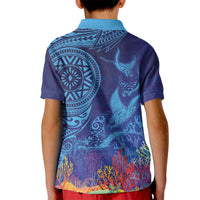 Fijian Tribal Manta Ray Kid Polo Shirt Masi Motif with Coral Reef Ocean Vibe