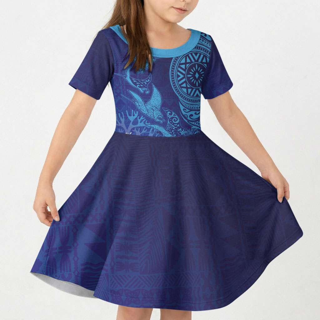 Fijian Tribal Manta Ray Kid Short Sleeve Dress Masi Motif with Coral Reef Ocean Vibe