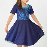Fijian Tribal Manta Ray Kid Short Sleeve Dress Masi Motif with Coral Reef Ocean Vibe