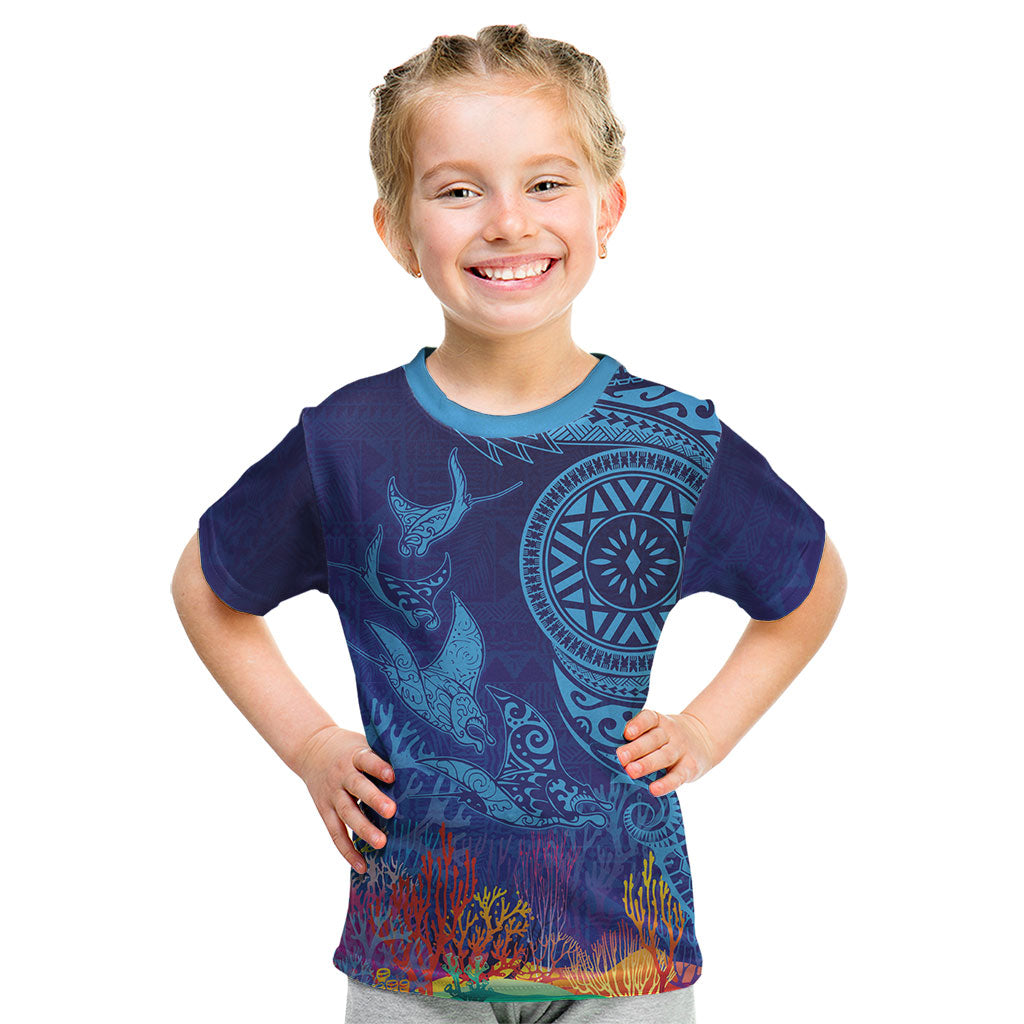 Fijian Tribal Manta Ray Kid T Shirt Masi Motif with Coral Reef Ocean Vibe