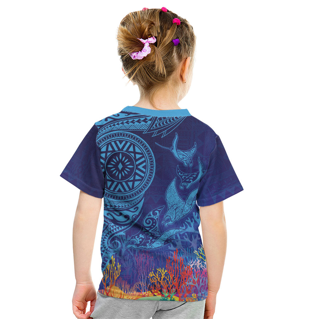 Fijian Tribal Manta Ray Kid T Shirt Masi Motif with Coral Reef Ocean Vibe